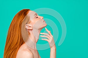 Plastic surgery advertising. Profile side view portrait of nude