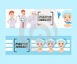Plastic surgery banner vector illustration. Face correction. Doctors stuff with equipment. Liposuction of cheeks, eyes