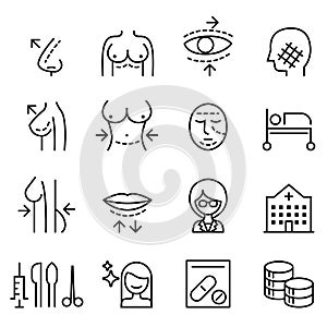 Plastic surgery icon set in thin line style