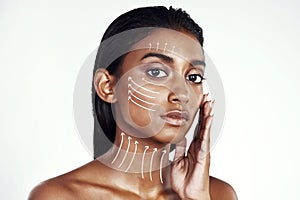 Plastic surgery portrait, arrow lines and woman touch beauty filler results, facial transformation change or anti aging