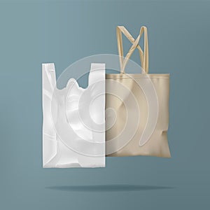 Plastic and textile tote bag. Eco 3d mock up for grocery, white reusable handle shopper for sale, recycle natural fabric