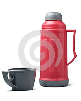 plastic thermos flask with cup isolated on white
