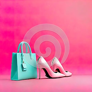 Plastic toy female legs in high heels and a small bag on a pastel pink background. minimalist pink poster,