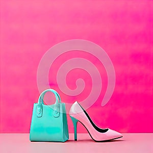 Plastic toy female legs in high heels and a small bag on a pastel pink background. minimalist pink poster,