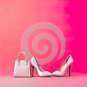 Plastic toy female legs in high heels and a small bag on a pastel pink background. minimalist pink poster,