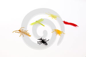 Plastic toy insect, orange beetle tick, green caterpillar, red centipede or millipede, black ant , isolated, close up.