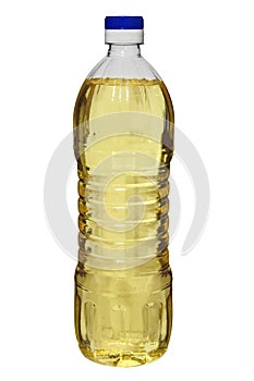 Plastic transparent bottle with vegetable oil isolated on white background