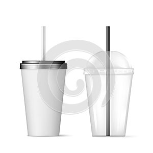 Plastic transparent disposable cup with black straw for cocktail and disposable container with black lid for ice drink. Vector