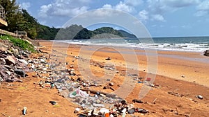 Plastic trash on the beach in Thailand. Ecology concept