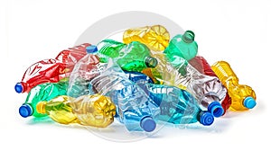 Plastic trash bottles pile isolated on white background