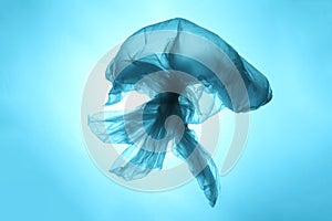 Plastic trash in the oceans of the planet. Ocean blue jellyfish from a plastic bag. The destruction of the ecosystem