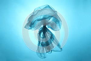 Plastic trash in the oceans of the planet. Ocean blue jellyfish from a plastic bag. The destruction of the ecosystem