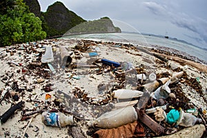 Plastic Trash on Remote Beach in Indonesia