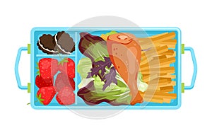 Plastic tray with food, top view of divided plate with meals in school canteen, open box