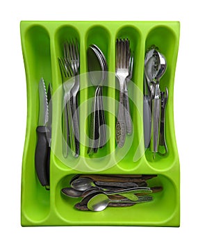 Plastic tray with forks, spoons and knives