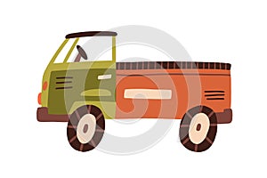 Plastic truck toy with cabin, bed, and wheels. Side view of childish lorry. Industrial car for shipment. Colored flat