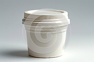 Plastic tub with secure sealing lid isolated. White storage container on a plain setting. Concept of preserving