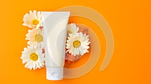 a plastic tube of cream set against an orange background adorned with vibrant gerbera flowers.