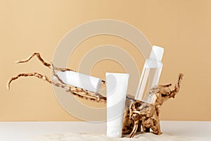 El plastico tubo hidratante crema loción pasta dental a envase rociar líquido sobre el decorativo un árbol. vacío 