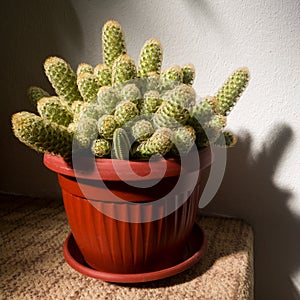A plastic vase with cactus on the staircase against the wall illuminated by sunlight during the day