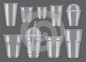 Plastic vessel. Transparent cups and mugs for drinks food bag for juice and coffee vector 3d realistic mockup