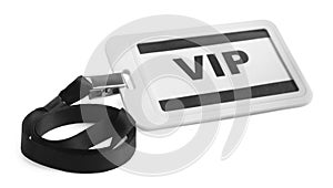 Plastic VIP badge with black ribbon isolated on white