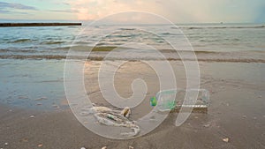 Plastic waste on the beach, sea, concept of nature and environment preservation