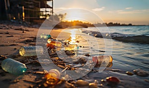 Plastic waste on beach.Spilled garbage on the beach of the big city. Empty used dirty plastic bottles. Dirty sea sandy