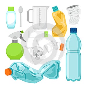 Plastic waste collection on white. Plastic bottles