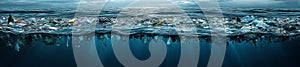Plastic waste floating on the ocean's surface with polluted underwater view