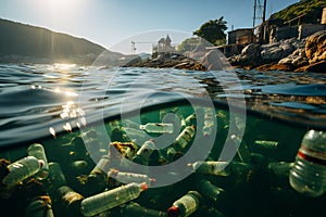 Plastic waste floating in the sea. Pollution environment concept. ia generated