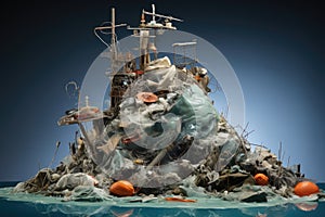 Plastic waste in the form of a ship and other buildings, Environmental disaster concept, Plastic Island or Great Pacific Garbage