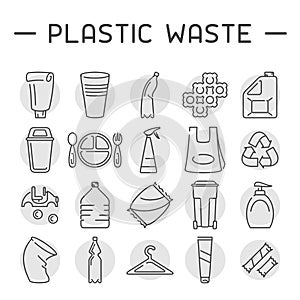 Plastic waste icons set