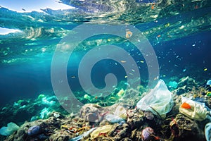 Plastic waste, litter and garbage pollute underwater ocean, Generative AI photo