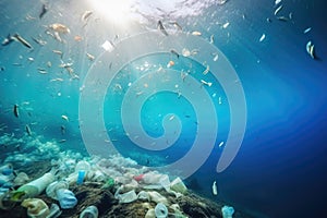 Plastic waste, litter and garbage pollute underwater ocean, Generative AI photo