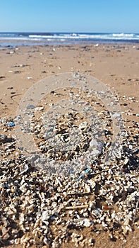 Plastic waste and micro plastic washed on the shore of the atlantic ocean