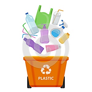 Plastic waste and orange recycling plastic bin isolated on white background, bin and plastic collection garbage, waste plastic