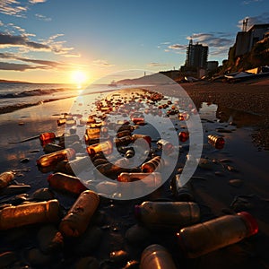 Plastic waste and refuse blight sandy coastline, reflecting beach pollutions environmental toll