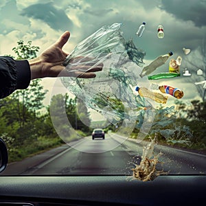 Plastic waste on roads, throwing away plastic bottle from car, road littering, car accident, reckless driver photo