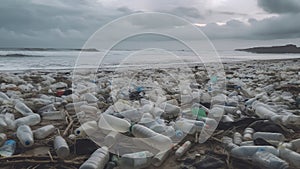 Plastic waste on sea or ocean shore. Global pollution concept. Generative AI