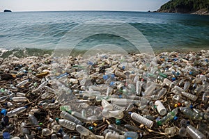 Plastic waste on sea or ocean shore. Global pollution. Generative AI