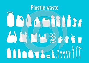 Plastic waste, single use dishes vector set