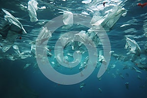 Plastic waste submerged in the underwater ocean abyss pollution environment contamination