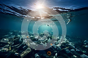 Plastic waste under the sea affects marine life. Created using Generative AI