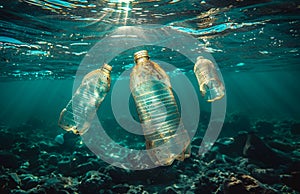Plastic waste underwater bottle in the Mediterranean sea between water surface and coral reef
