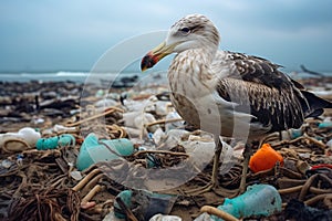 Plastic waste washed ashore on the beach, devastating consequences of pollution on our planet, and struggling seagull birds on the