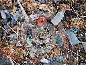 Plastic waste washed on the shore of the atlantic ocean in northern spain mixed together with organic beach goods