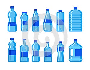 Plastic water bottle icon. Blue liquid container drink, bottle silhouette set. Water cartoon bottles