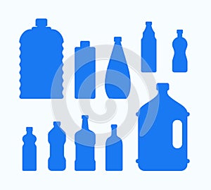 Plastic water bottle icon. Blue liquid container drink, bottle silhouette set. Water cartoon bottles