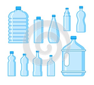 Plastic water bottle icon. Blue liquid container drink, bottle silhouette set. Water cartoon bottles